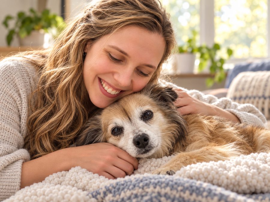 Sloane cuddling an older dog on a blanket