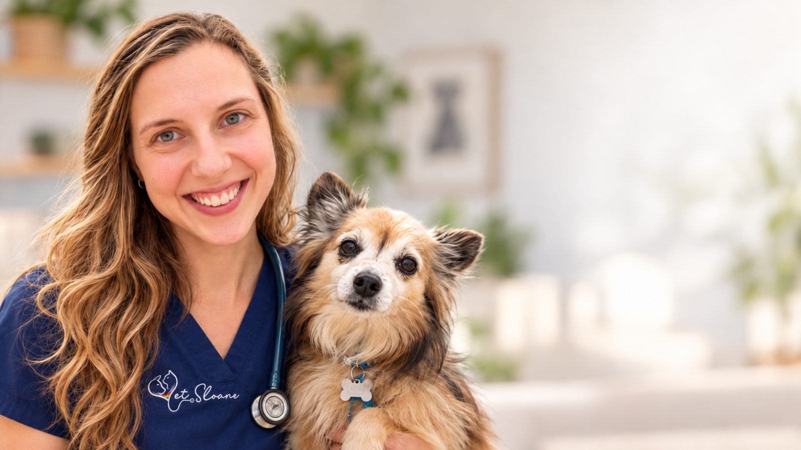 Dr Sloane Abraham in navy scrubs holding a small fluffy dog