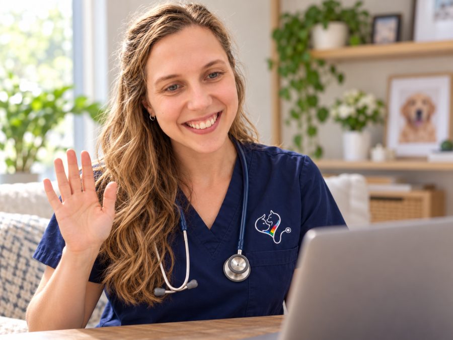 Sloane waving hello on a video call at her laptop
