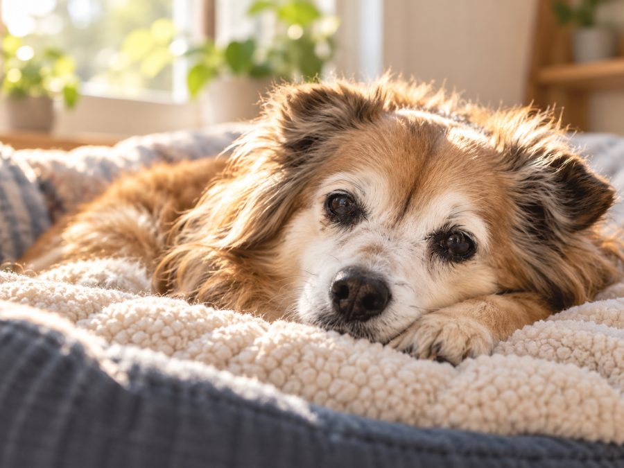 An older dog resting peacefully on a soft blanket in afternoon sun