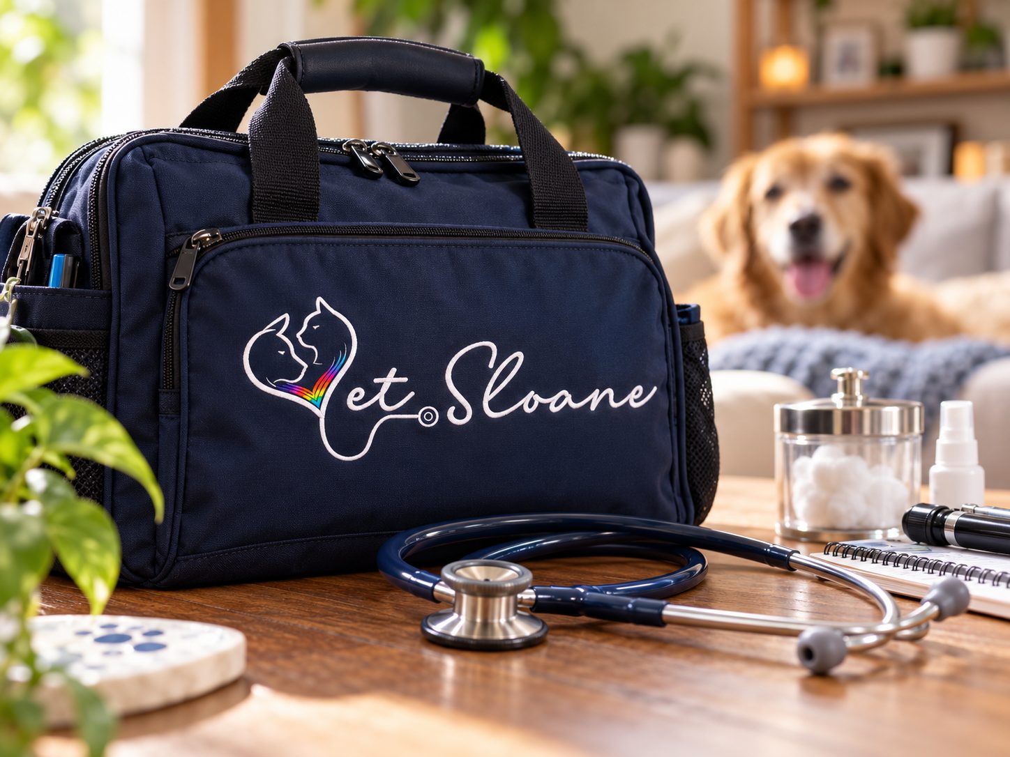 A navy Vet Sloane bag and stethoscope on a coffee table, with a dog relaxing on the couch behind